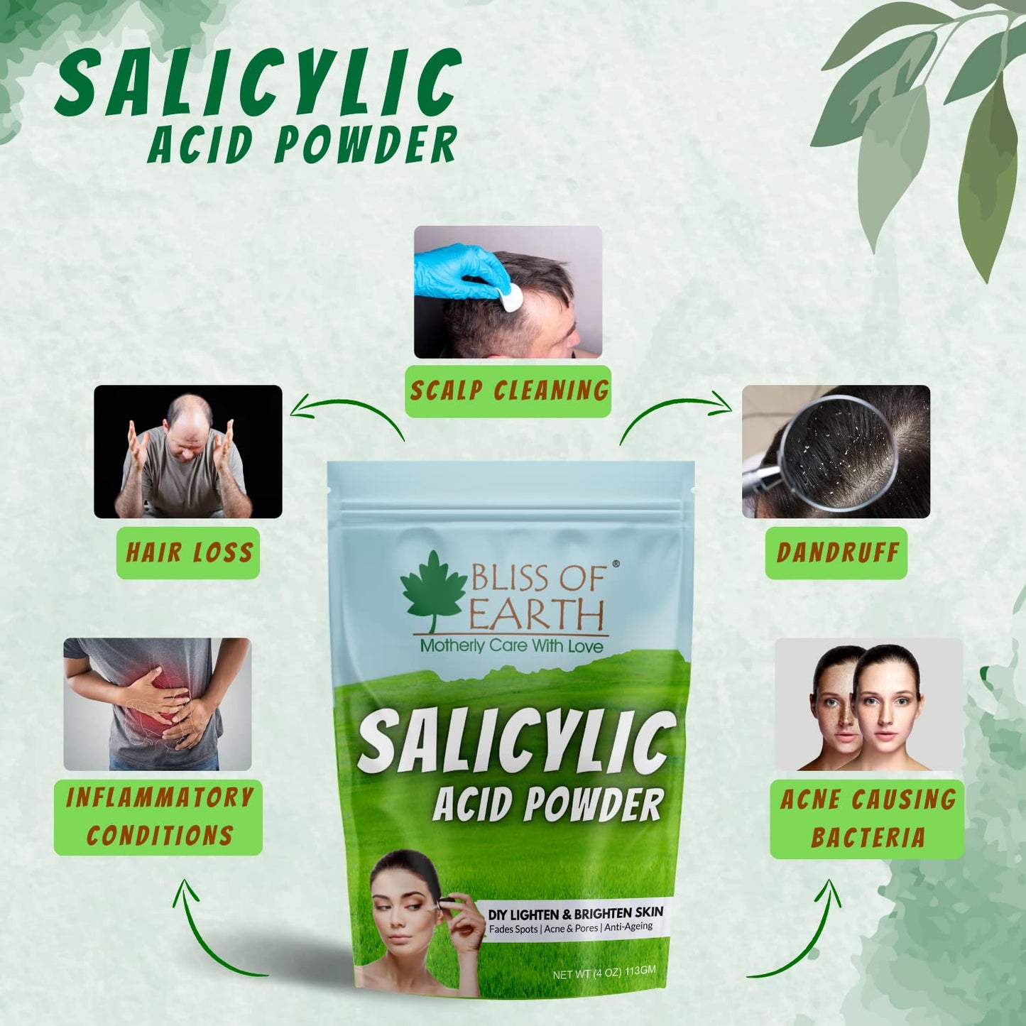 Bliss of Earth Salicylic Acid Powder Great for Making Skin Care Products Cleanser, Moisturizer, Anti Aging Serum, Body Wash & DIY Products 113gm