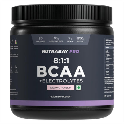 Nutrabay PRO BCAA 8:1:1 with Electrolytes 7000 mg Vegan BCAAs, 1000mg Electrolytes per Serving â€“ Intra/Post Workout Energy Drink â€“ Gluten & Dairy Free - 250g, Guava Punch