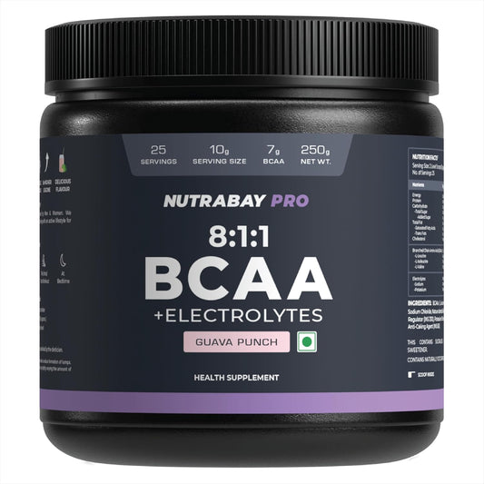Nutrabay PRO BCAA 8:1:1 with Electrolytes 7000 mg Vegan BCAAs, 1000mg Electrolytes per Serving â€“ Intra/Post Workout Energy Drink â€“ Gluten & Dairy Free - 250g, Guava Punch