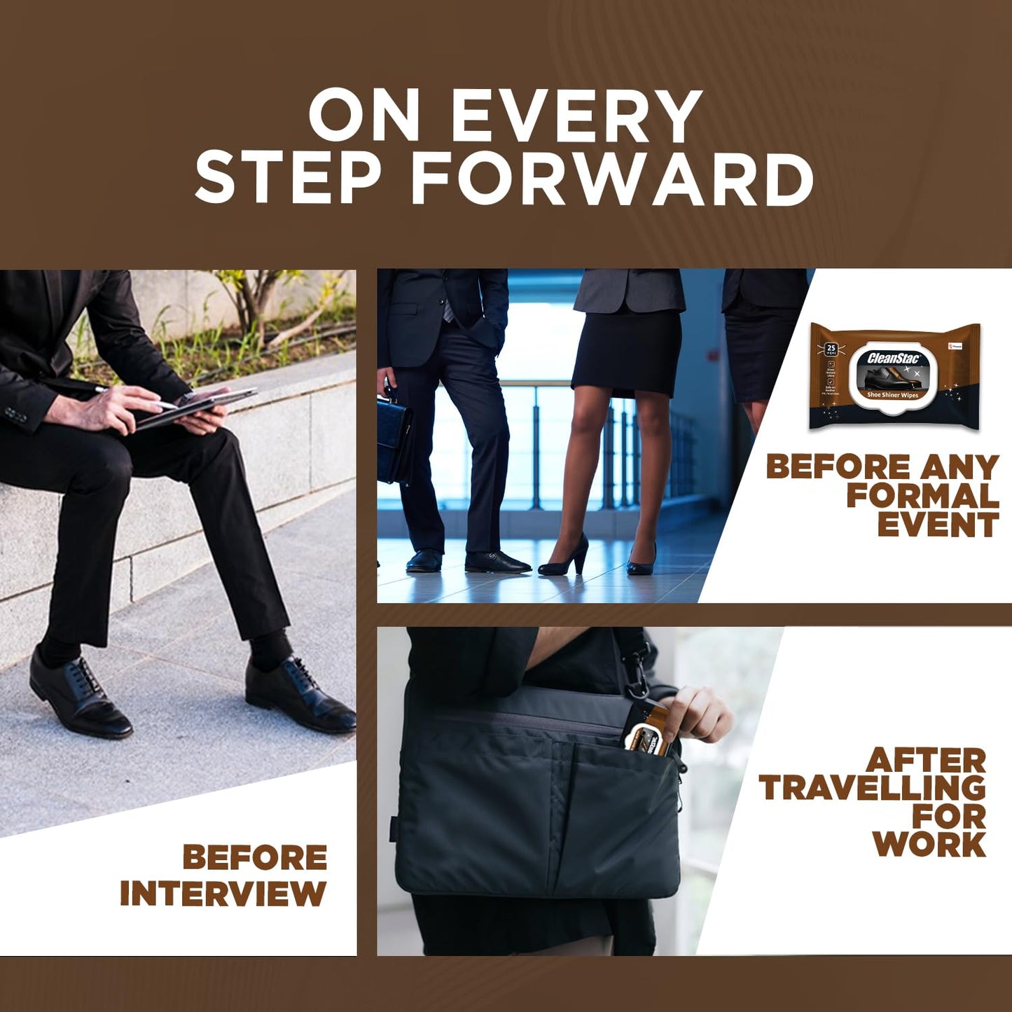Formal Shoe Shiner Wipes | 75 Count, Brown | Packet with Lid | Instant Shine for Leather & Formal Shoes