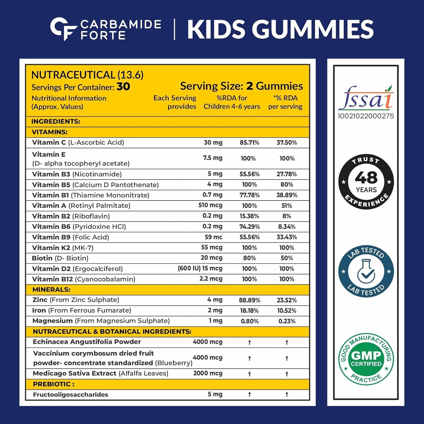 Carbamide Forte Multivitamin For Kids | Multivitamin Gummies For Kids | Multivitamin Gummies For Immunity | Vitamin Gummies For Immunity With No Added Sugar | 60 Gummy Bears
