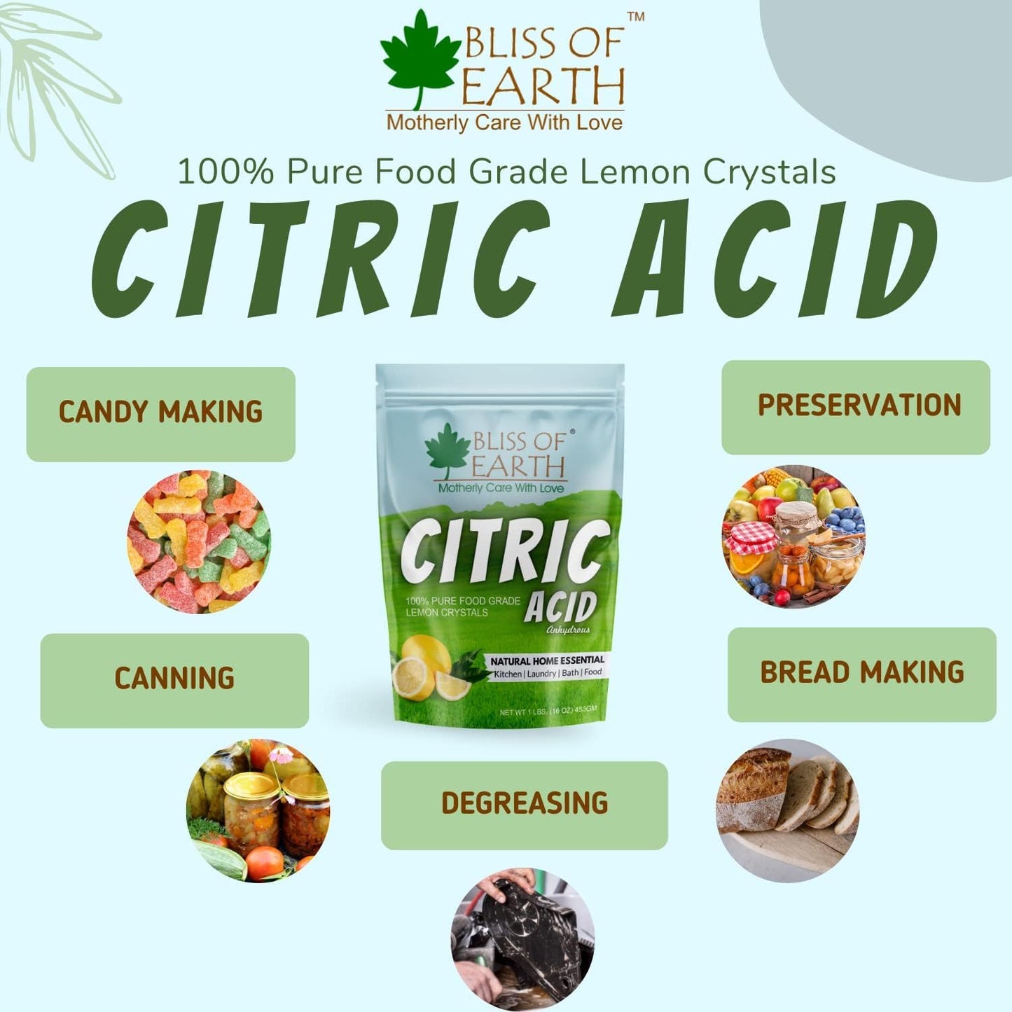 Bliss of Earth Citric Acid 100% Pure Food Grade Lemon Crystals Anhydrous Citric Acid Powder 907gm