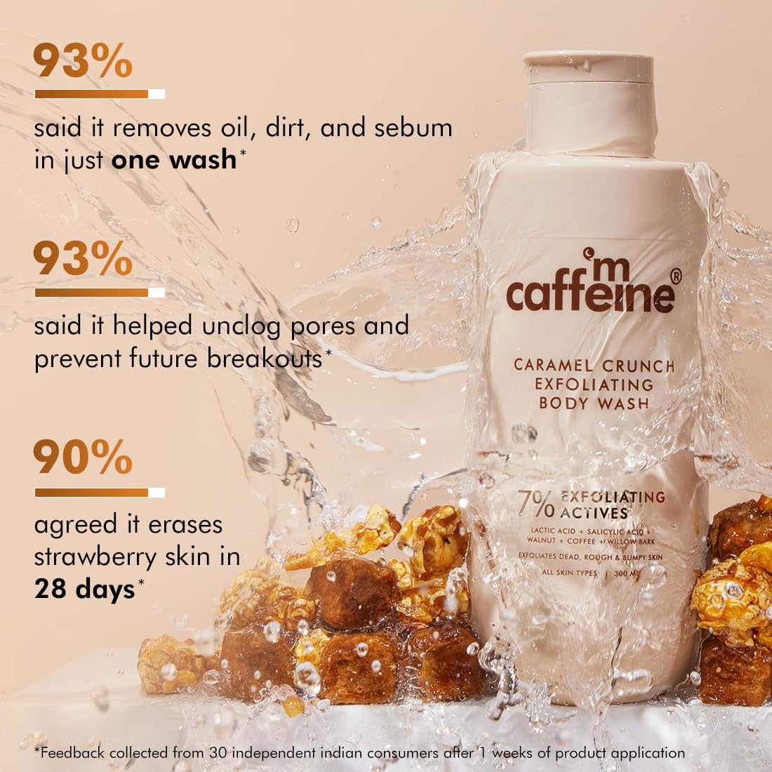 mCaffeine 7% Exfoliating Body Wash 300ml | 1% Salicylic & 2% Lactic Acid | Summer Bodywash for Dry Skin| Reduces Body Acne & Ingrown Hair | Smooth, Hydrated Skin | Sweet Caramel Shower Gel for Women & Men