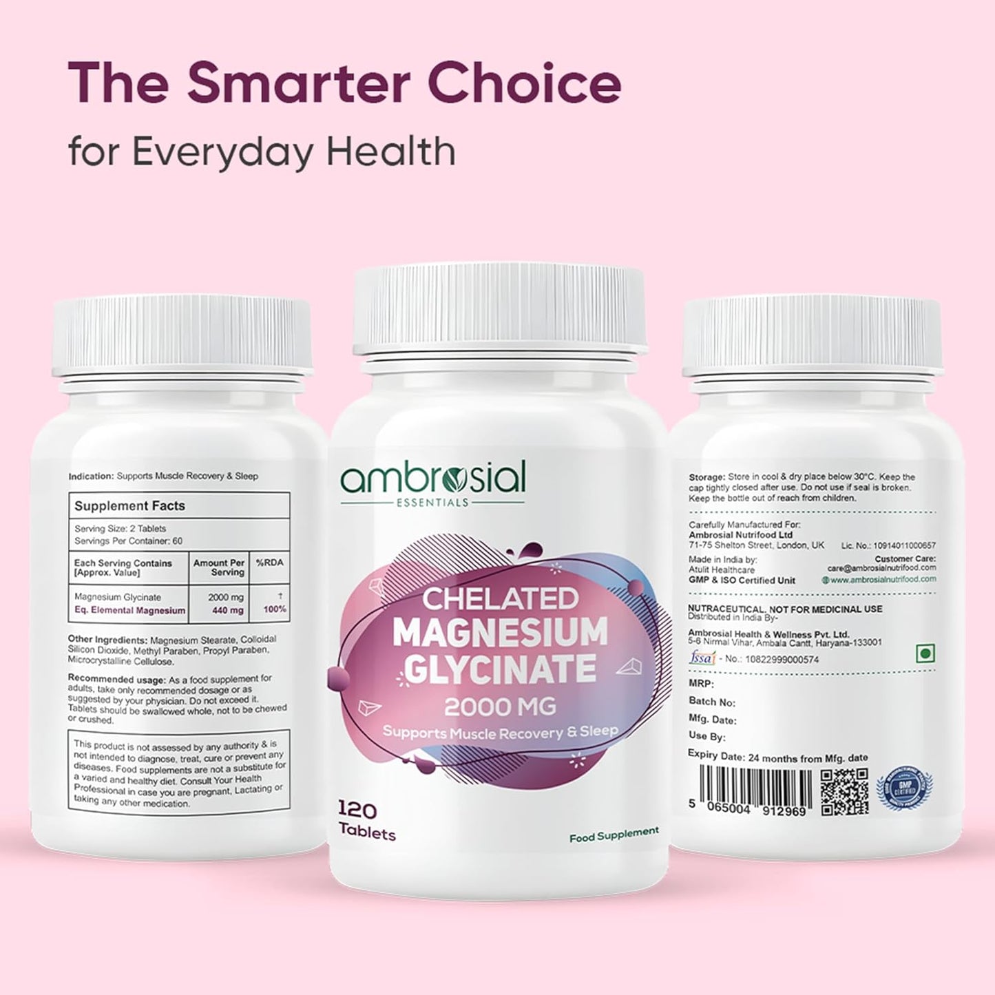 Ambrosial Chelated Magnesium Glycinate 2000mg | Provides 440mg Elemental Magnesium per Serving | 120 Vegan Tablets
