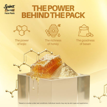 Spinz DeTan Face Pack with Besan, Honey & Kojic Acid | Tan Removal cream for Brightening & Glow | Salon-like Glow in 15 mins | 144g, Pack of 2 (72g x 2)
