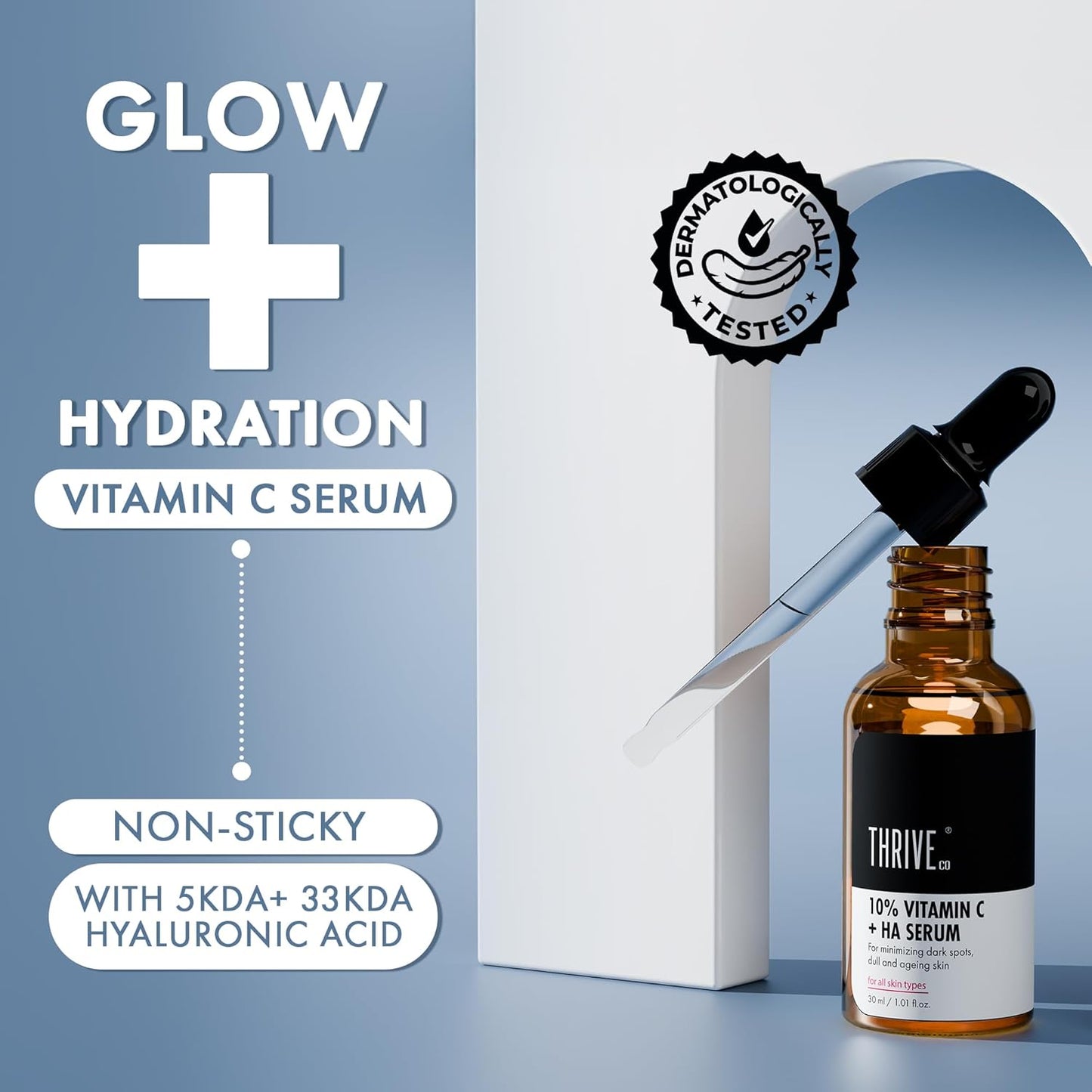 ThriveCo 10% Vitamin C Face Serum | Brightens Skin & Helps Reduce Dark Spots | With 33 kDa + 5 kDa Hyaluronic Acid | Boosts Hydration & Glow | For Men & Women | 30 ml
