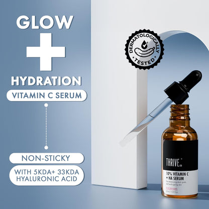 ThriveCo 10% Vitamin C Face Serum | Brightens Skin & Helps Reduce Dark Spots | With 33 kDa + 5 kDa Hyaluronic Acid | Boosts Hydration & Glow | For Men & Women | 30 ml