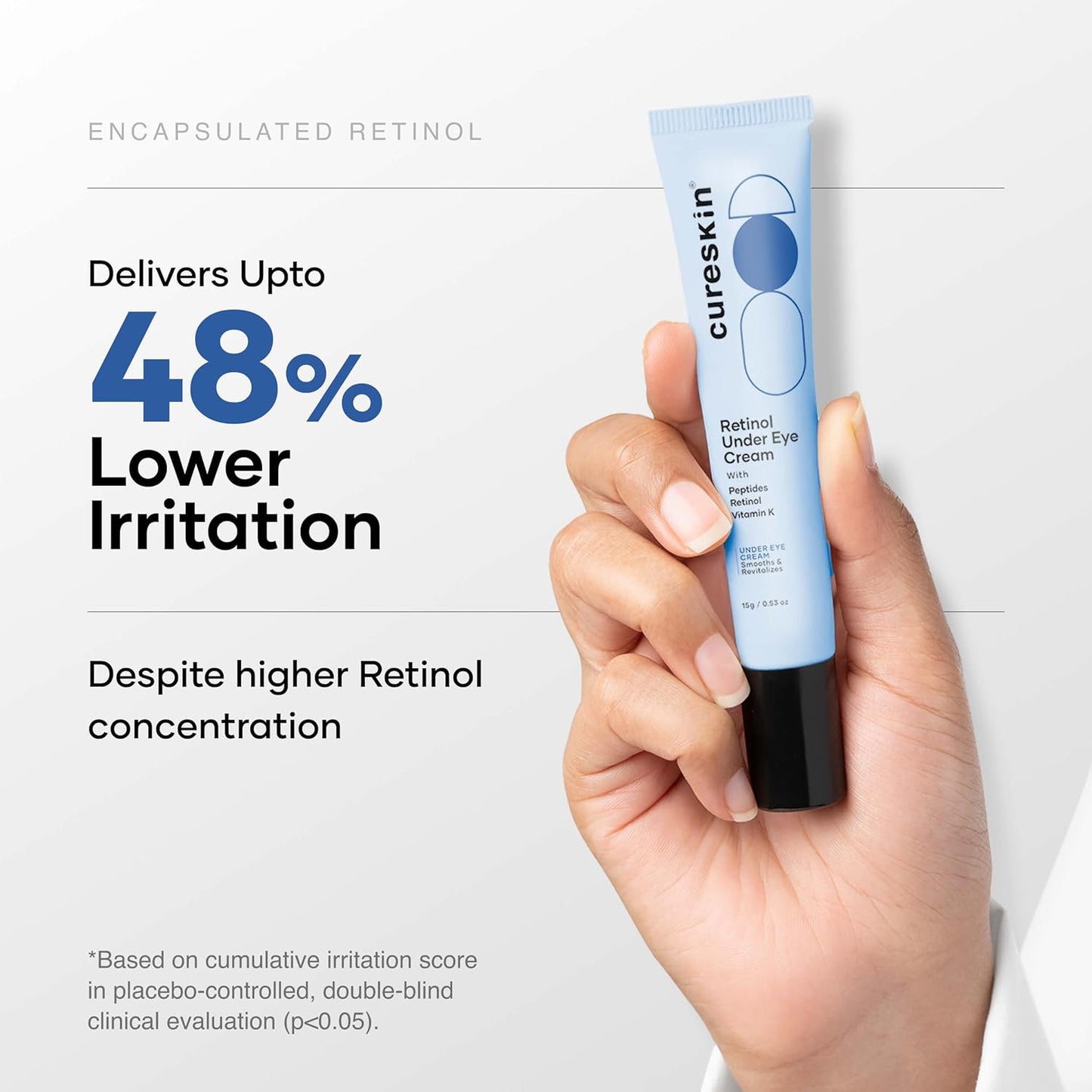 Cureskin Vitamin K + Retinol 01% Under Eye Cream | Reduces Dark Circles, Wrinkles & Fine Lines | With Peptides for Puffiness | For Women & Men | 15 gm