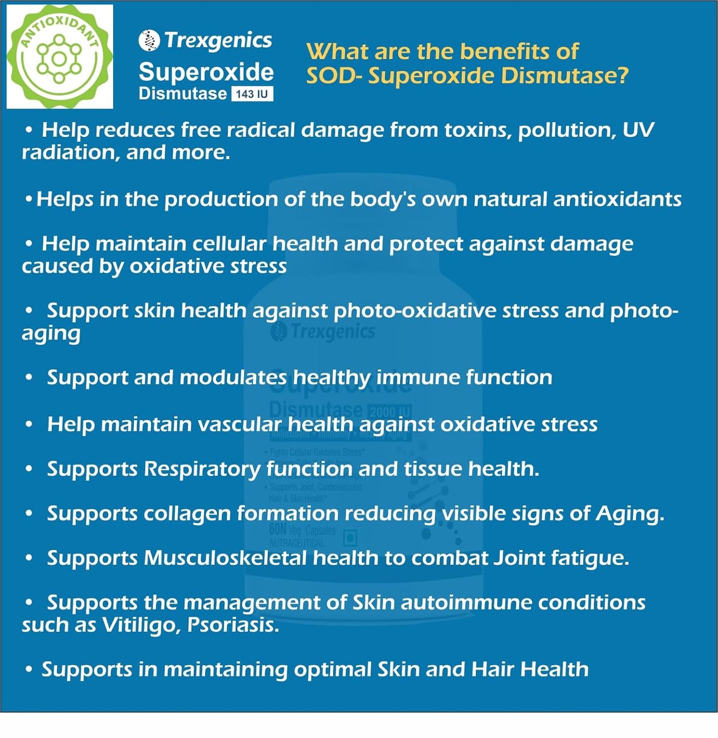 Trexgenics SUPEROXIDE DISMUTASE - SOD 143 IU Antioxidant, Immunity, Healthy Aging, Free radical scavenger (90 Veg Capsules)