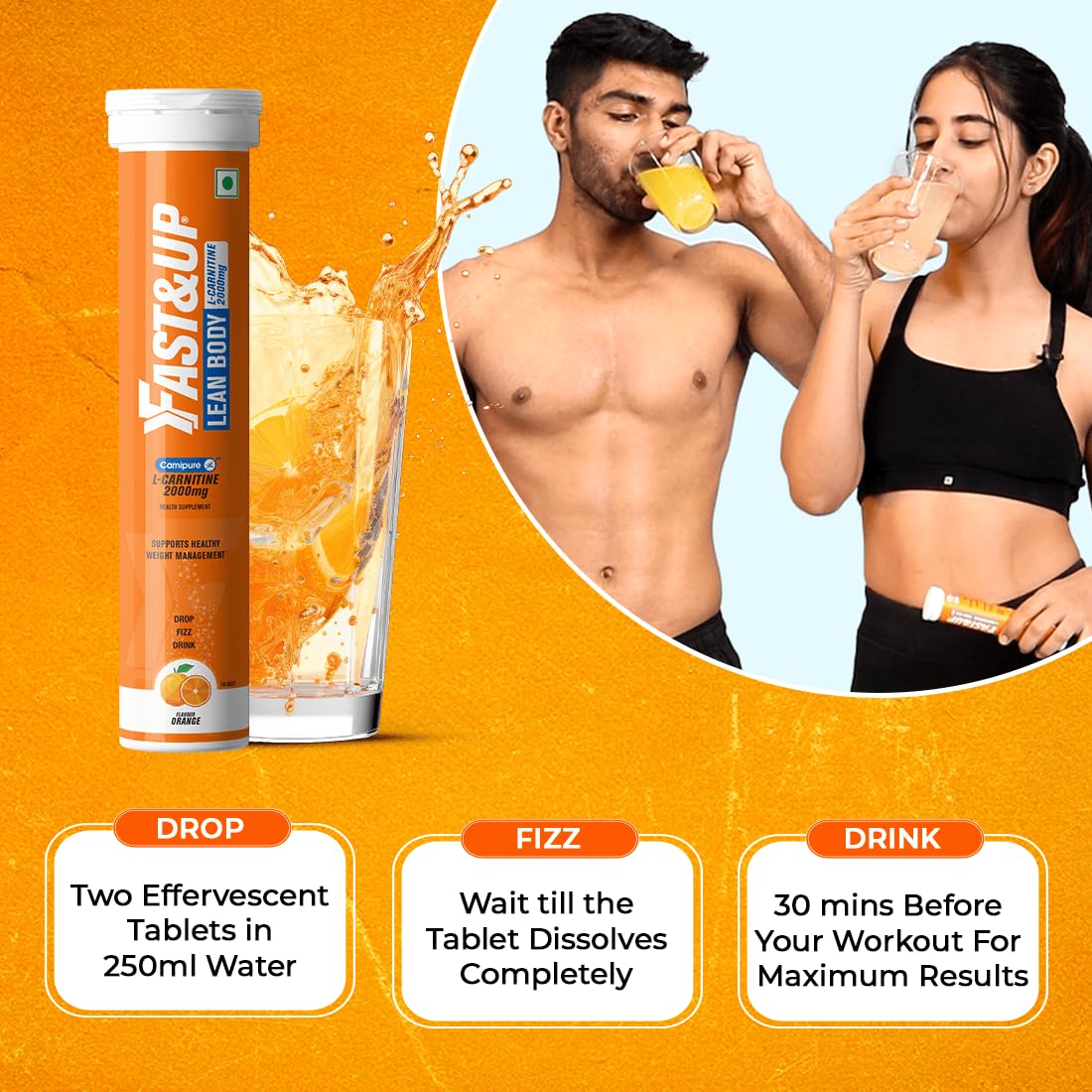 Fast&Up L-Carnitine 2000mg Effervescent Tablets | Premium CarnipureÂ® Carnitine Supplement | Helps Convert Fat into Energy, Supports Weight Loss, Fat Burn & Lean Muscle | Orange Flavour, 20 Tabs (Pack of 3)