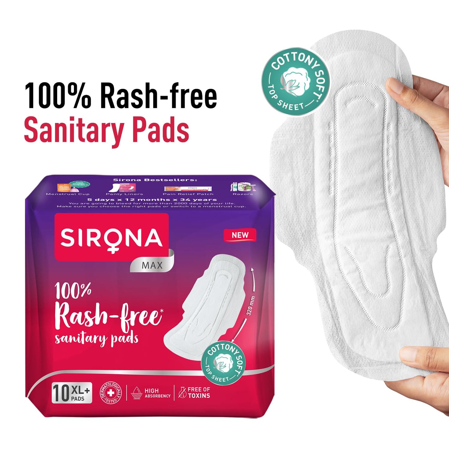 Sirona Max Sanitary Pads for Women | XL Plus (Pack of 10 Pads) | 100% Rash Free & Toxic-Free | Organic Cotton Sanitary Pad | Up to 0% Leakage, Comfortable & High Absorbency
