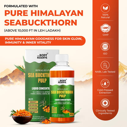 The Body Reserve Himalayan Sea Buckthorn Juice 500ml | Cold Pressed Seabuckthorn Berry Pulp Concentrate | Natural Vitamin C | Omega 3-6-7-9 | Antioxidant-Rich Gut Health Juice for Skin Glow, Heart & Immunity Support
