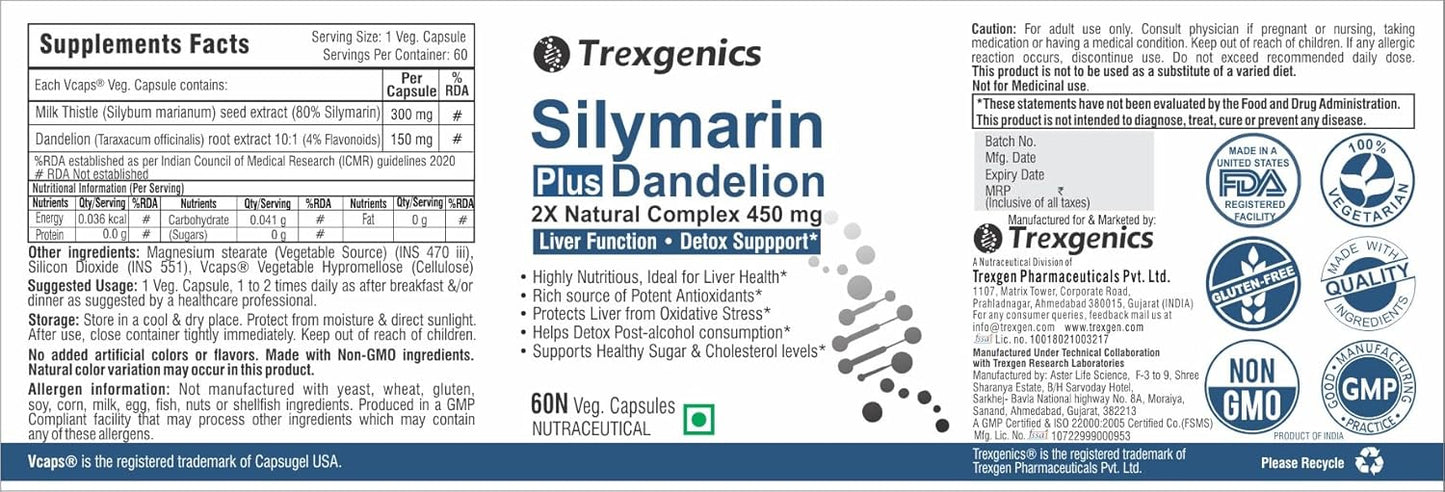 Trexgenics SILYMARIN PLUS 2X Liver Care & Detox with Milk thistle 80% Silymarin 300 mg & Dandelion 4% Flavonoids VEGAN & NON-GMO (60 Veg. Capsules) (Pack of 1)