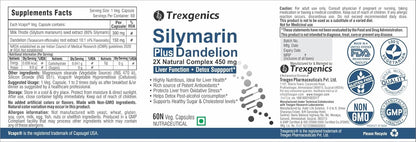 Trexgenics SILYMARIN PLUS 2X Liver Care & Detox with Milk thistle 80% Silymarin 300 mg & Dandelion 4% Flavonoids VEGAN & NON-GMO (60 Veg. Capsules) (Pack of 1)