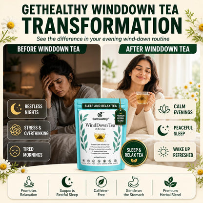 GetHealthy® WindDown Tea™ for Sleep | Caffeine Free Bedtime Herbal Blend with Chamomile, Ashwagandha & Lavender | Relaxing Sleep Tea for Nighttime Calm | Premium Chamomile Tea Bags | 25 Pyramid Bags