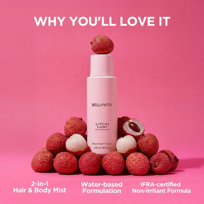 Bellavita Litchi Lust | 2 in 1 Hair and Body Mist | 240ml | Long Lasting Premium Body Mist for Woman, Girl | Water based formulation