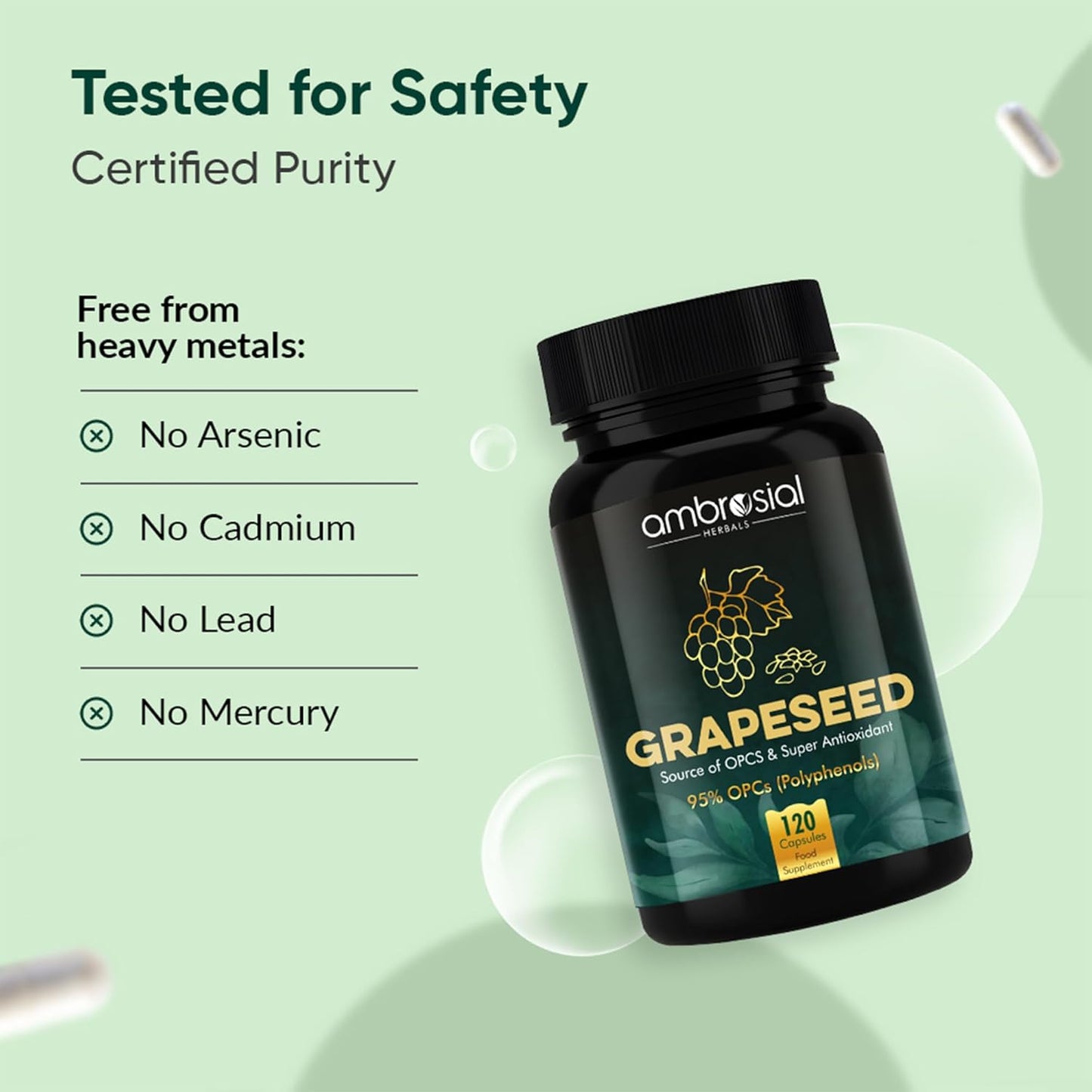 Ambrosial Grape Seed Extract Capsules | 95% OPCs Polyphenols | High Strength Grape Seed Supplement | Strong Antioxidant | Pack of 1-120 Vegan Capsules