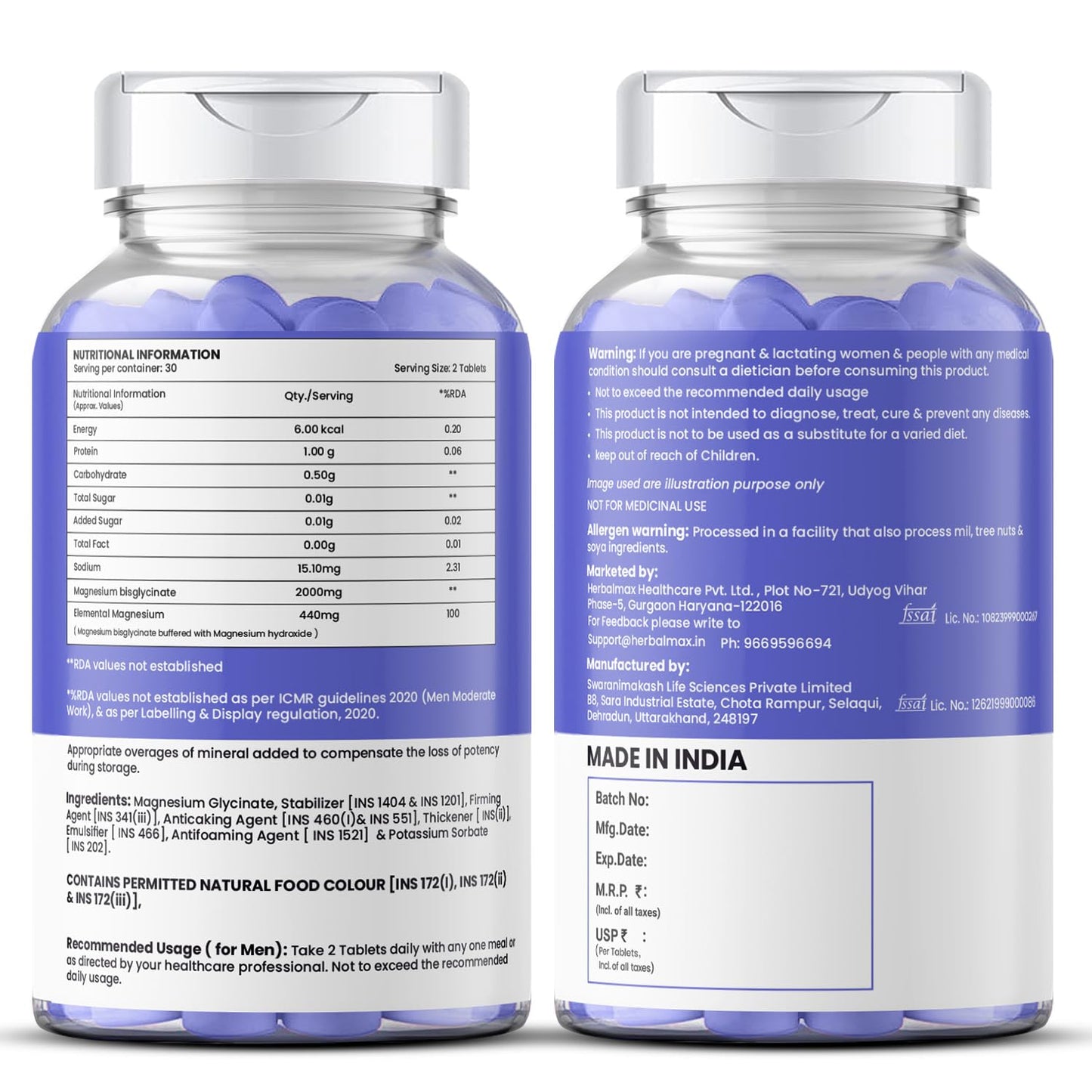 Herbalmax Magnesium Glycinate Supplement 2000mg Per Serving â€“ 30 Veg Tablets | High Absorption Magnesium | Supports Muscle Relaxation, Sleep & Stress Relief | Daily Wellness Support