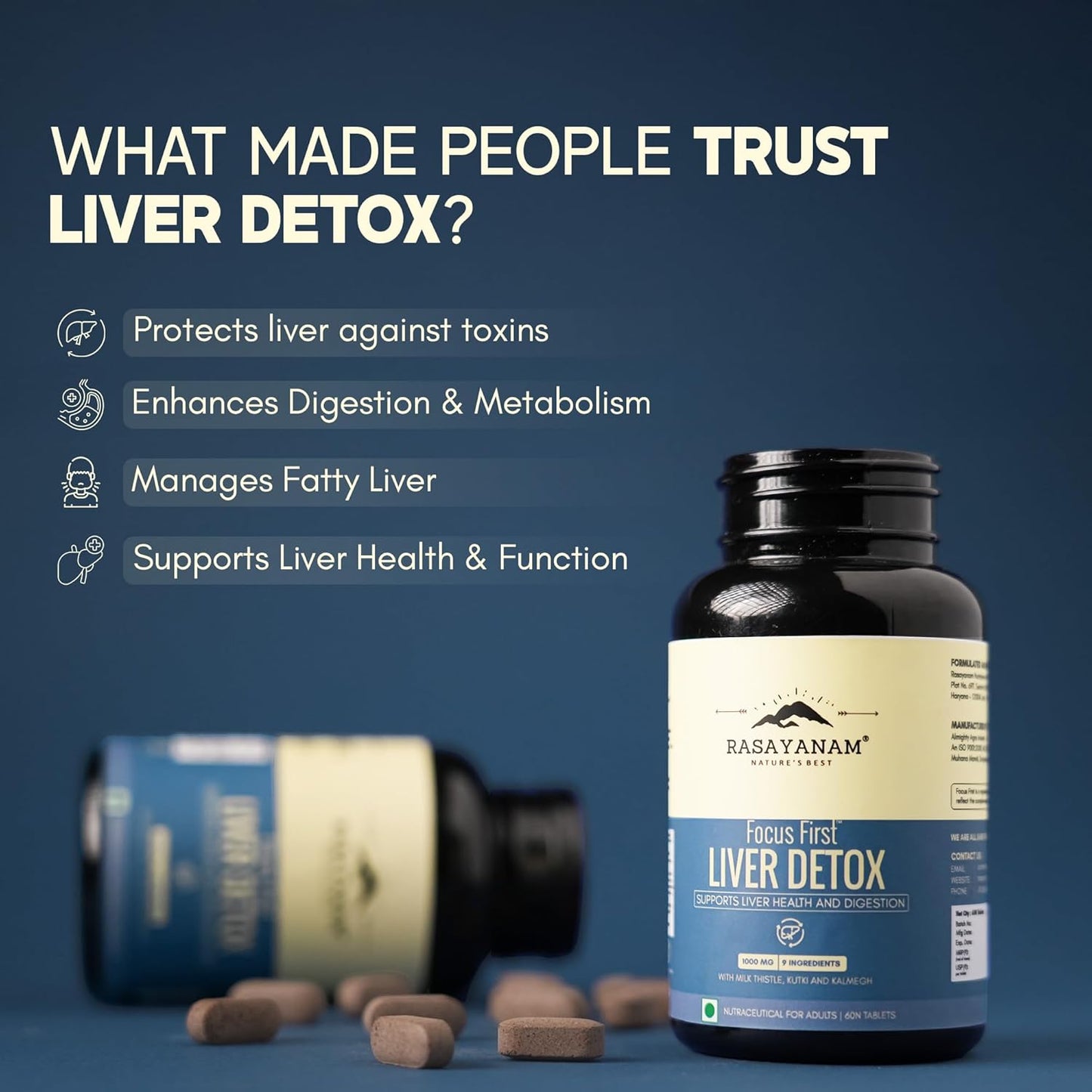 Rasayanam Liver Detox Supplement 1000mg | Milk Thistle and NAC | 80% Silymarin | Added herbs like Kutki, Kalmegh, Turmeric, Dandelion, Zinc & more | Supports Detox, Digestion, Energy & Daily Liver Wellness - 60 Tablets