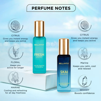 BELLAVITA Skai Aquatic EDC & Fresh EDT | Long Lasting 2x20ml Perfume for Man & Woman | Gifts for Woman | Bergamot, Ylang Ylang, Pink Pepper | Premium Fragrance