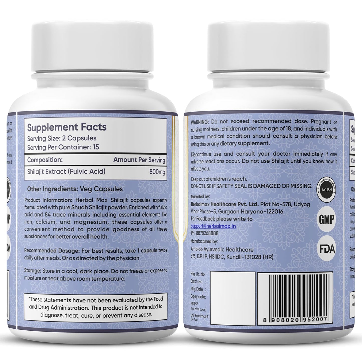 Herbal Max Shilajit 800mg Capsules â€“ Fulvic Acid Enriched Natural Supplement for Strength, Endurance, Energy & Immunity | Supports Men & Womenâ€™s Vitality