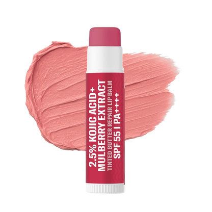 BAKE 2.5% Kojic Acid Mulberry Extract Tinted Butter Brightening Lip Balm SPF 55 PA++++ 24 Hour Moisturization | For Dark, Pigmented, Dry & Flaky Lips | De-Tan Lip Balm - 5g
