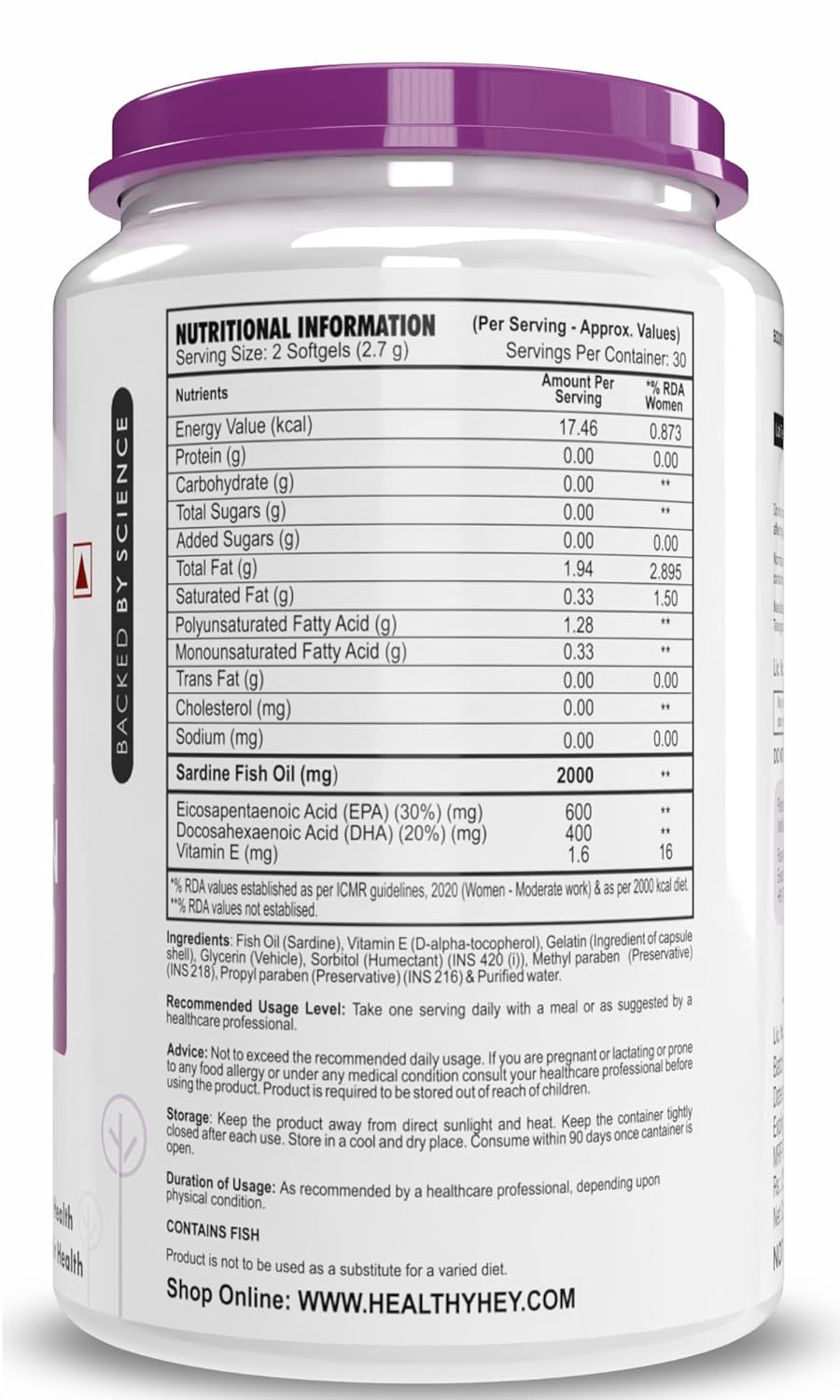HealthyHey Nutrition Omega 3 Fish Oil for Women - 2000 Mg/serving - 60 Softgel Capsules (600 EPA & 400 DHA)