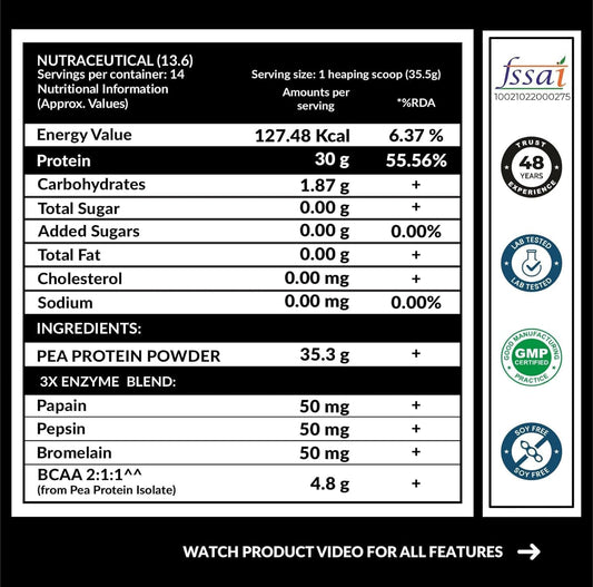 Carbamide Forte Pea Protein Isolate 30Grams Per Serving | Plant Based Protein Powder Isolate With 4.8G BCAA | Unflavoured Plant Pea Protein Powder - 500Grams