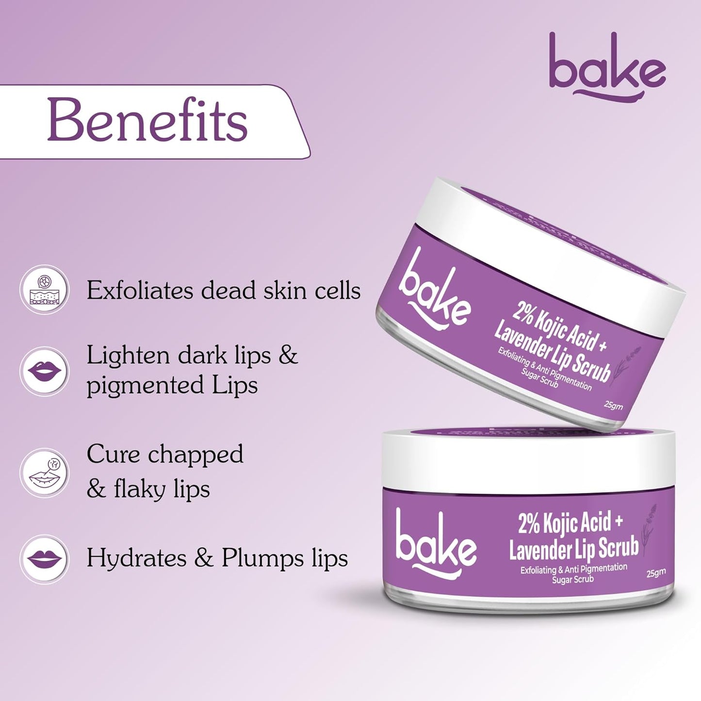 BAKE 2% Kojic Acid Lavender Lip Scrub for Dark, Pigmented Lips with Sugar Granules for Dry & Pink Lips, For Men & Women - 25g