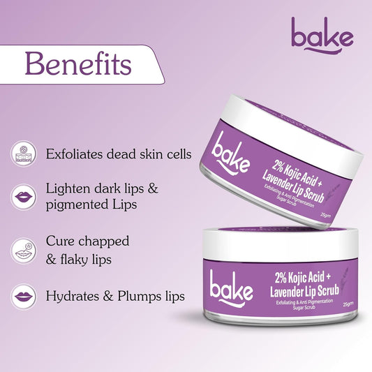 BAKE 2% Kojic Acid Lavender Lip Scrub for Dark, Pigmented Lips with Sugar Granules for Dry & Pink Lips, For Men & Women - 25g