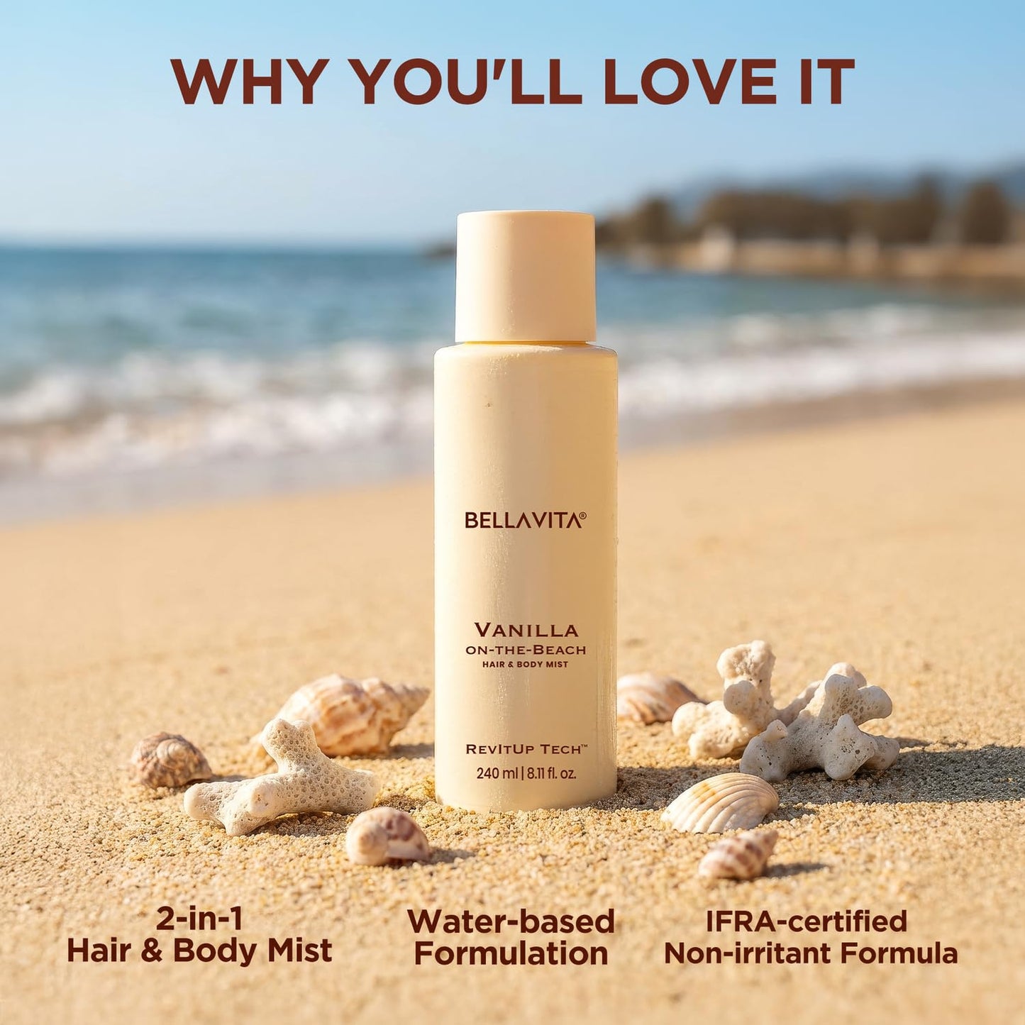 Bellavita Vanilla On-the-Beach | 2 in 1 Hair and Body Mist | 240ml | Long Lasting Premium Body Mist for Woman, Girl | Water based formulation