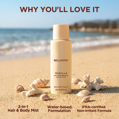Bellavita Vanilla On-the-Beach | 2 in 1 Hair and Body Mist | 240ml | Long Lasting Premium Body Mist for Woman, Girl | Water based formulation