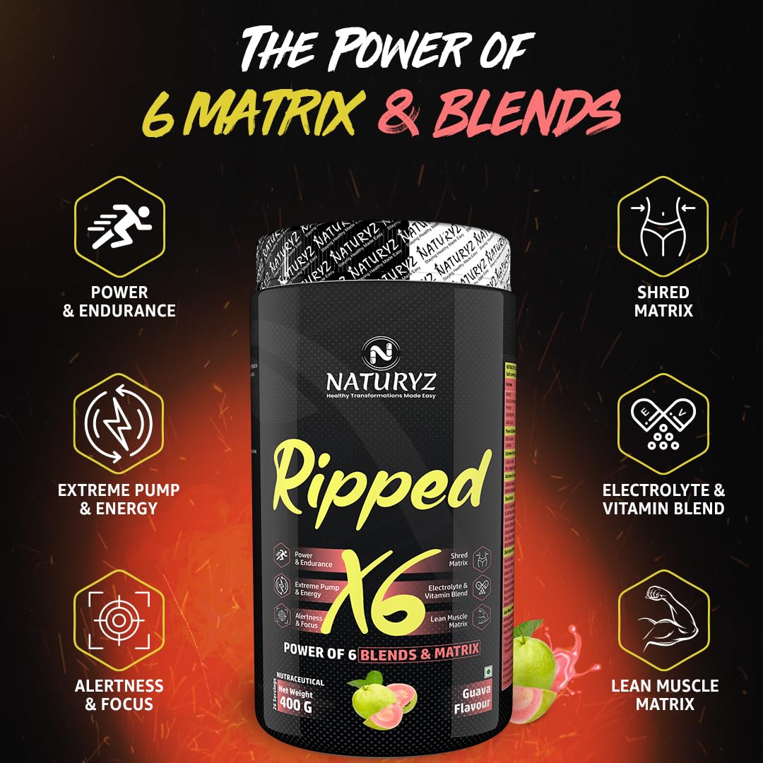 Naturyz Ripped X6 Pre Workout With Highest 24 Nutrients For Extreme Pump,Power,Endurance,Energy,Focus, For Fitness Enthusiasts,Athletes & Bodybuilders- 400 grams (Guava Flavour) - Powder, 1 count