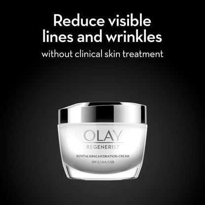 Olay Regenerist Revilatising Hydration Cream with SPF 15 | Hydrated, Plump, Bouncy Skin | With Hyaluronic Acid, Niacinamide and Peptides | Normal, Oily, Dry, Combination Skin | 50g