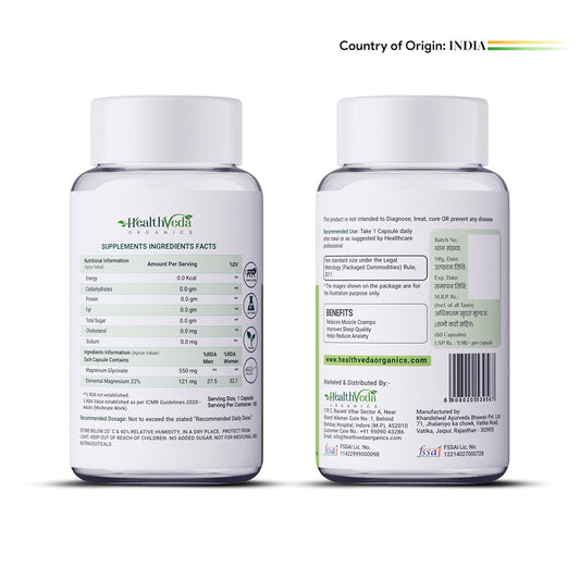 HEALTH VEDA ORGANICS PRIVATE LIMITED High Absorption Magnesium Glycinate, 550mg | 60 Veg Capsules | Supports Nerve & Muscle Health | Improves Sleep Quality | For Both Men & Women