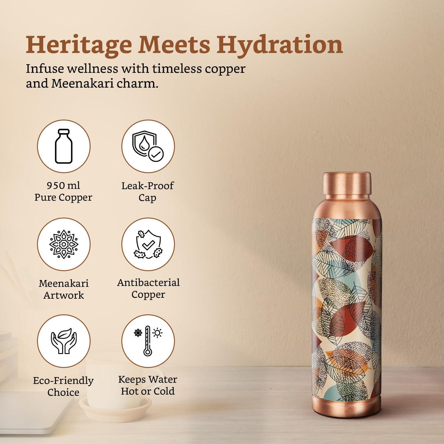 Solimo Copper Leak-Proof Meenakari Bottles | 950 ml | Pure Copper | Traditional Art Design | Daily Wellness Bottle