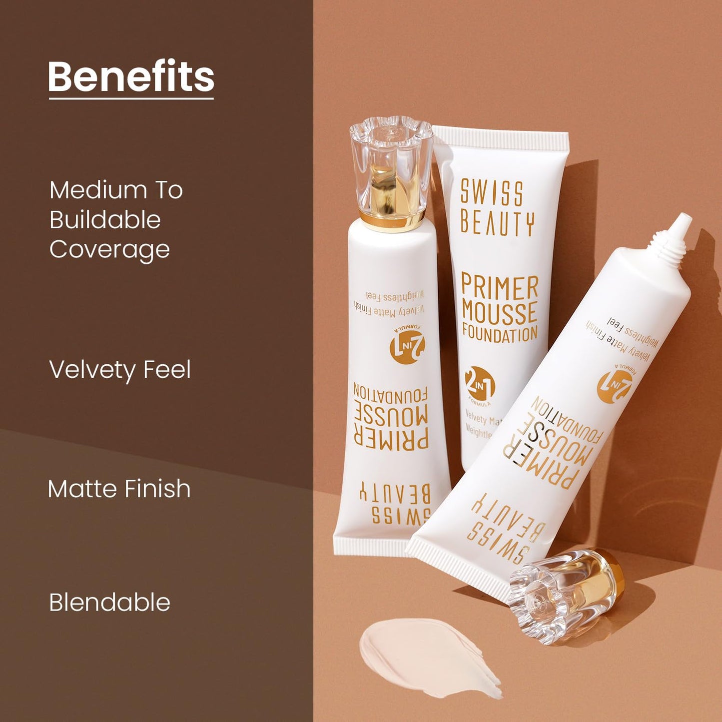 Swiss Beauty Primer Mousse Foundation Weightless Smooth & Velvet Touch, Matte Finish, Face Makeup, Natural Beige, 30ml