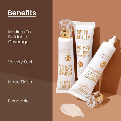 Swiss Beauty Primer Mousse Foundation Weightless Smooth & Velvet Touch, Matte Finish, Face Makeup, Natural Beige, 30ml