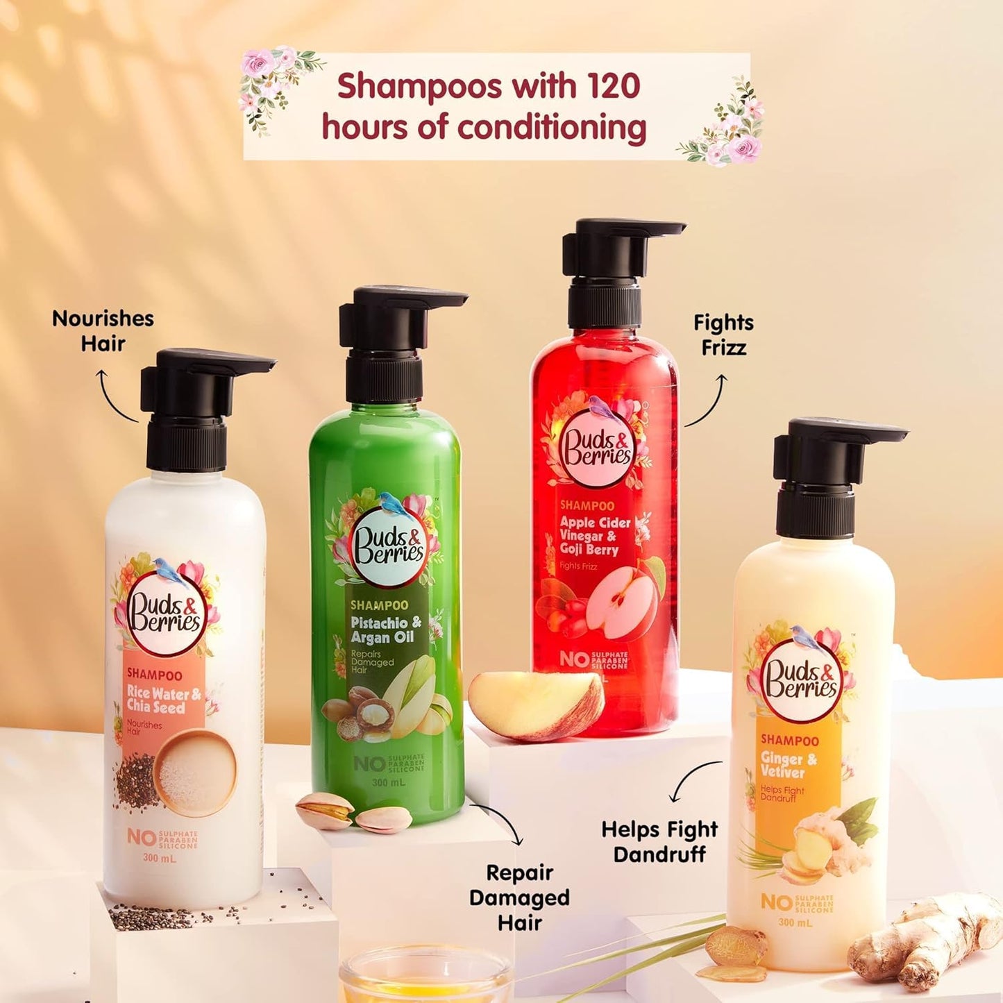Buds & Berries Nourishment Shampoo with Rice Water and Chia Seeds | Strengthens Hair, 120 Hours of Conditioning | No Sulphate, No Paraben, No Silicone (300 ml)
