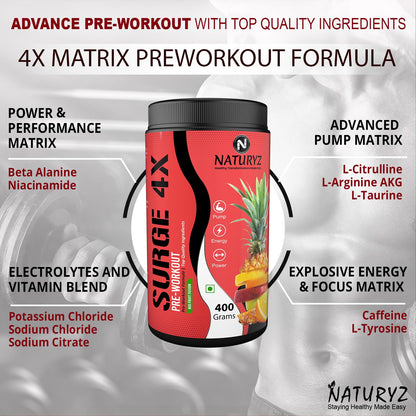 Naturyz Surge 4X Pre Workout, 400g Powder (Mix fruit fusion flavour) with 4000mg Beta-Alanine, 3500mg L- Citrulline,Creatine,L- Arginine & Aminos