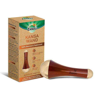 Zandu Ayurvedic Dual Sided Kansa Wand Massager | 100% Bronze & Teakwood handleâ€“ Portable Face, Neck, Body & Foot Massager | Promotes Relaxation & Improves Blood Circulation | Face Yoga Wellness Tool