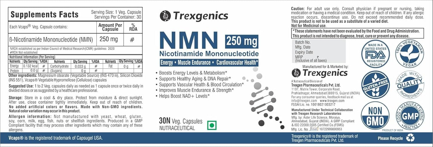 Trexgenics NICOTINAMIDE-MONONUCLEOTIDE(NMN)250 NAD + Booster Energy, Muscle Endurance, Cardiovascular Health VEGAN & NON-GMO (30 Veg Capsules)