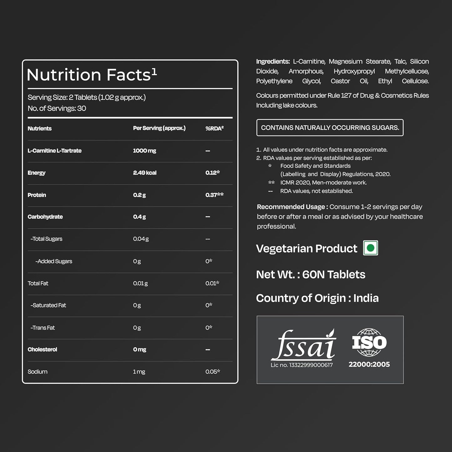 Nutrabay Pro L-Carnitine Fat Burner 1000mg per Capsule â€“ Pre Workout Supplement â€“ 60 Veg Tablets| Tested for Purity | 100% Authentic Metabolism Booster for Weight Loss Support