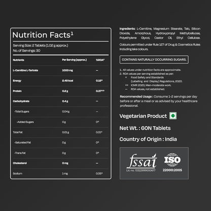 Nutrabay Pro L-Carnitine Fat Burner 1000mg per Capsule â€“ Pre Workout Supplement â€“ 60 Veg Tablets| Tested for Purity | 100% Authentic Metabolism Booster for Weight Loss Support