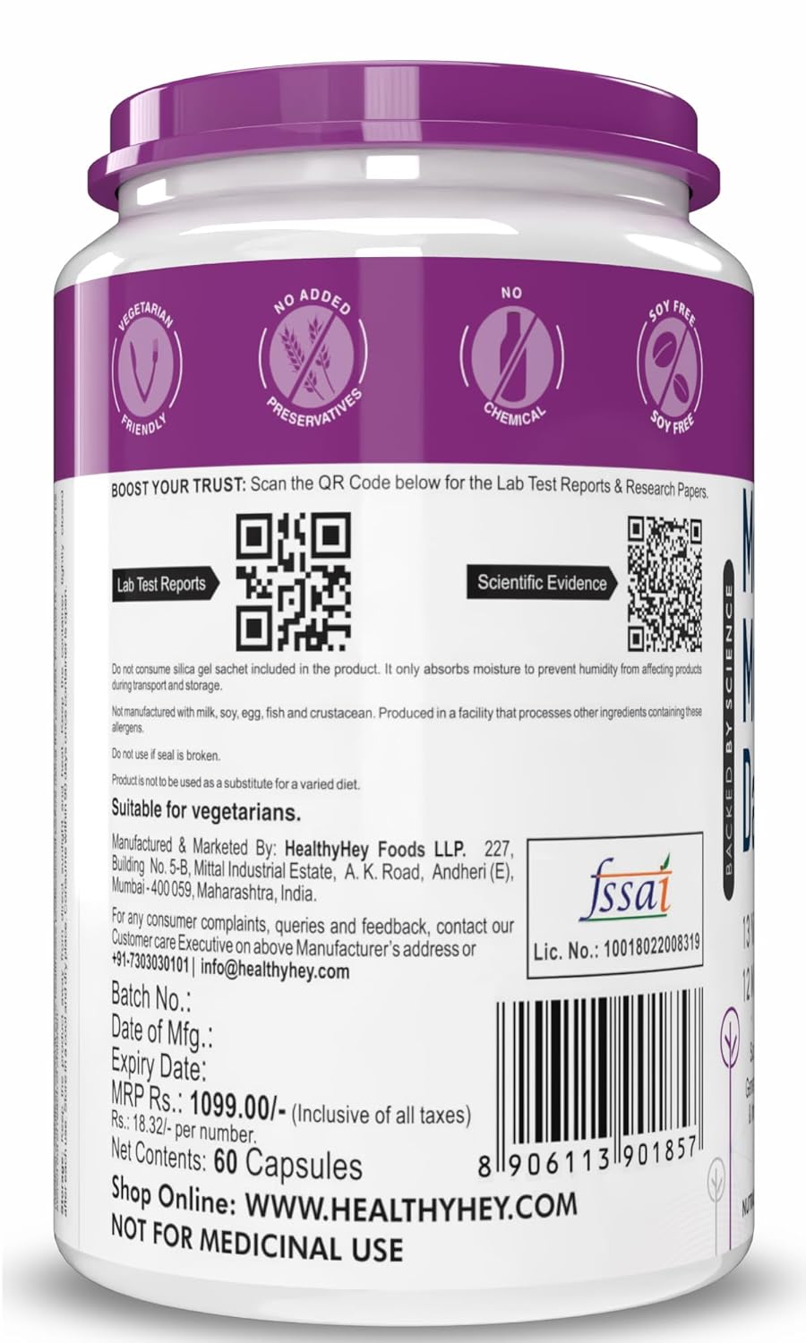 HealthyHey Nutrition Multivitamin For Men - Multi-Vit Daily - 13 Vitamins & 10 Minerals - 60 Vegetable Capsules,1 Count