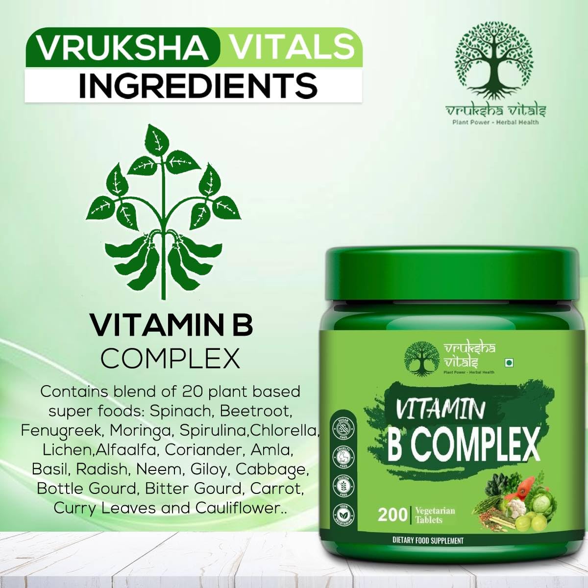 Vruksha Vitals Vitamin B Complex 100% RDA - 200 Tablets/Capsules - B Vitamins Supplement (B1, B2, B3, B5, B6, B7, B9, B12) (With Mecobalamine)