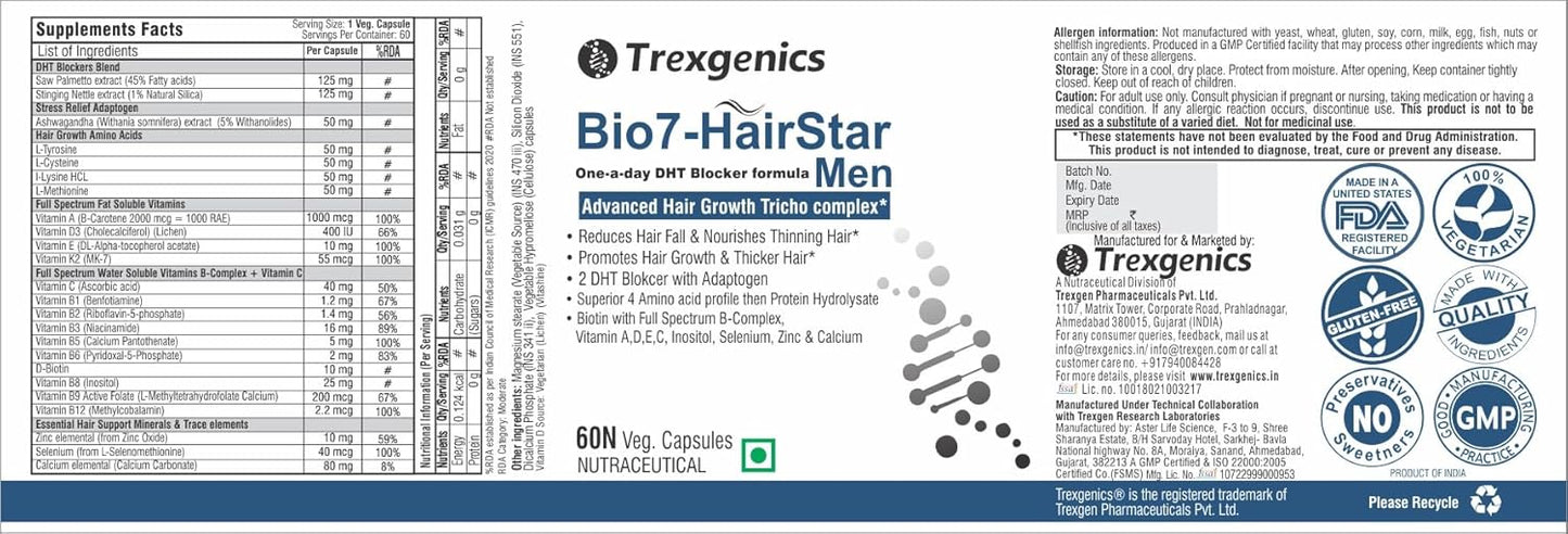 TrexgenicsÂ® BIO7-HAIRSTAR MEN Advanced Hair Support Tricho Complex ONE-A-DAY Formula (60 Veg. Capsules) (Pack of 1)