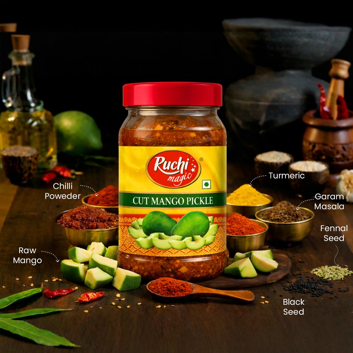 Ruchi Magic Cut Mango Pickle – Authentic South Indian Style | 65% Mango Pieces | Tangy & Spicy Traditional Taste | Perfect Addition to Indian Meals – 1 kg