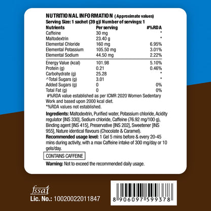 Fast&Up Energy Gel- Chocolate Bourborn flavour (Caffeinated) - Pack of 6 Gel Sachets, 39g per sachet- For Instant energy boost, Improved endurance and performance
