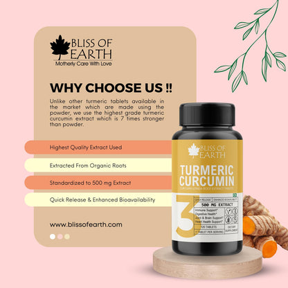 Bliss of Earth Turmeric Curcumin Tablets, 95% Curcuminoids, 500 mg Extract (Equivalent to 3700 mg Root Powder) High Potency, Quick Release & Enhanced Bioavailability., 60 Tablets
